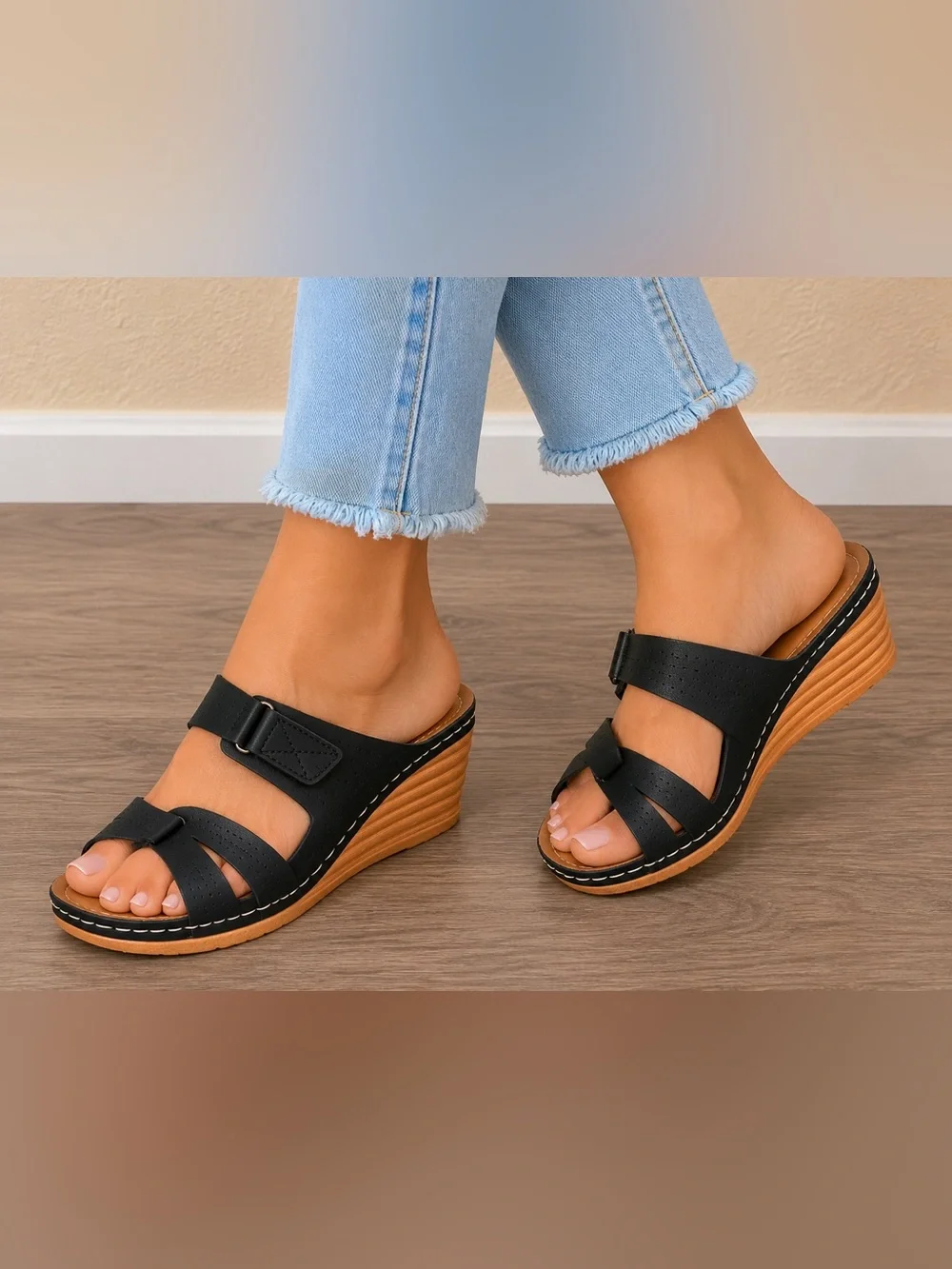 Black Wedge Sandals Size 40 Perforated Open Toe Comfort Shoes